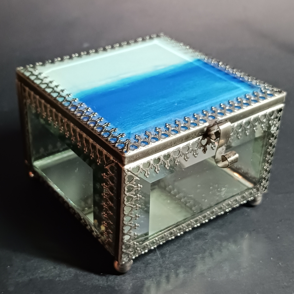 Home Etched Beveled Glass Footed Silver Toned Jewelry Box 3.25" x 3.25" x 2.25"
